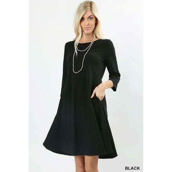 Women Round Neck 3/4 Sleeve Classic A-Line Dress w/ Side Pockets