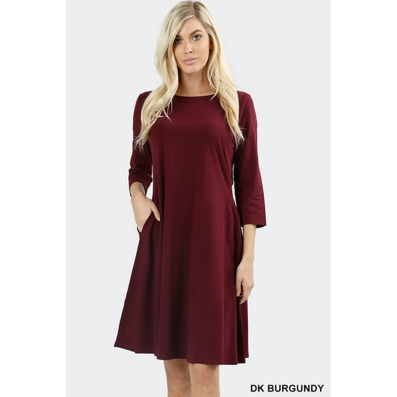 Women Round Neck 3/4 Sleeve Classic A-Line Dress w/ Side Pockets