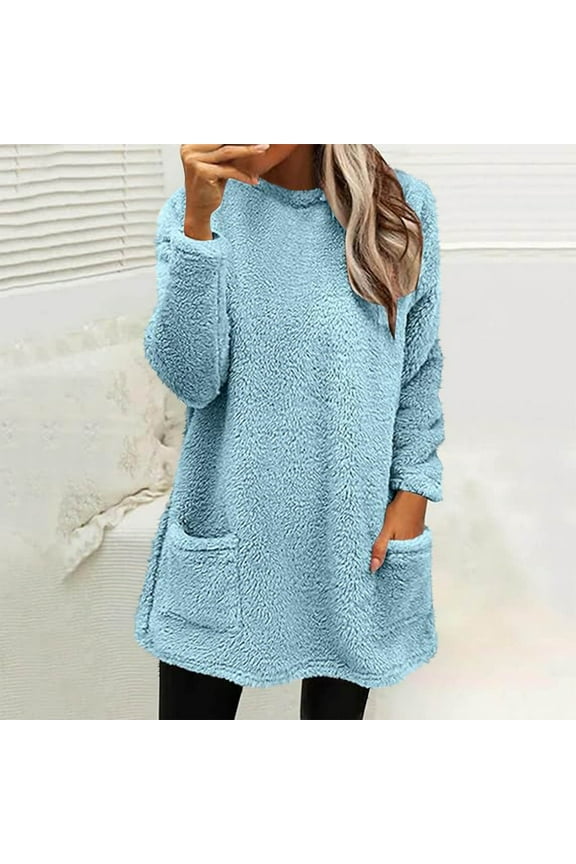 Women Round- Neck And Winter Loose Solid Pocket Warm Long Sleeve Blouse