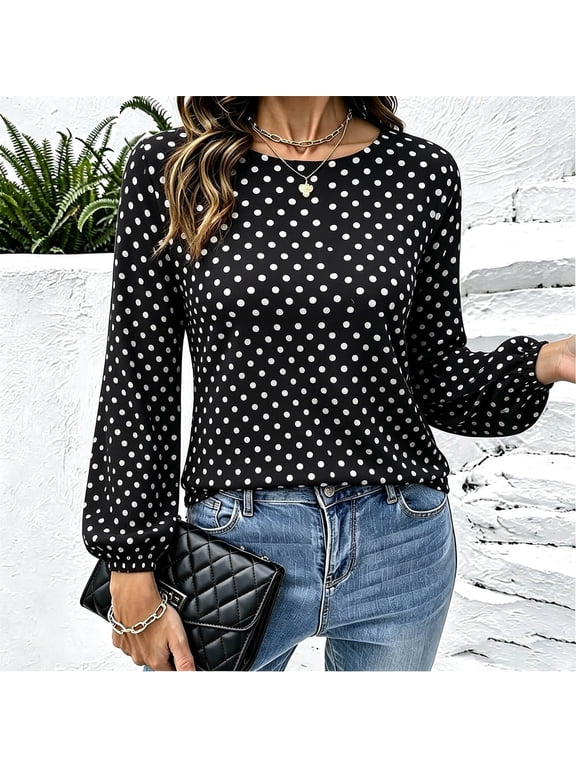 Women Round Neck Balloon Sleeve Polka Dot Back Tie Blouse Top