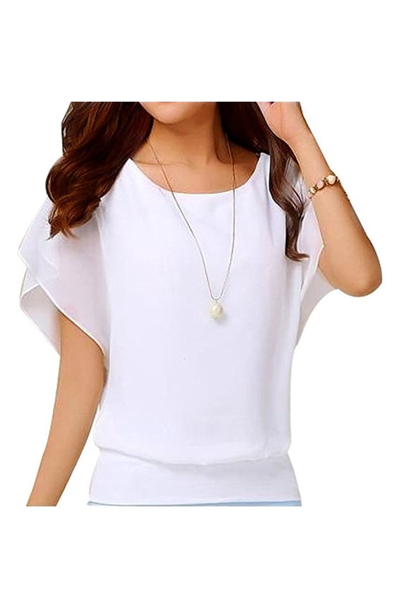Women Round Neck Batwing Sleeve Chiffon Tops Plus Size Loose Double Layer Flowy Lightweight Casual Blouses White 2XL