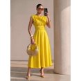 thumbnail image 1 of Women Round Neck Cap Sleeve Ruched Waist A-Line Midi Dress Solid Color for Party Vacation, 1 of 7