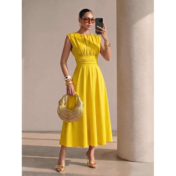 Women Round Neck Cap Sleeve Ruched Waist A-Line Midi Dress Solid Color for Party Vacation