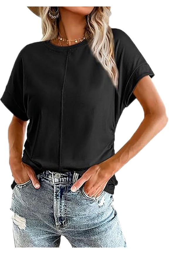 Women Round Neck Cap Sleeve Side Ruched Summer Tops Black XXL