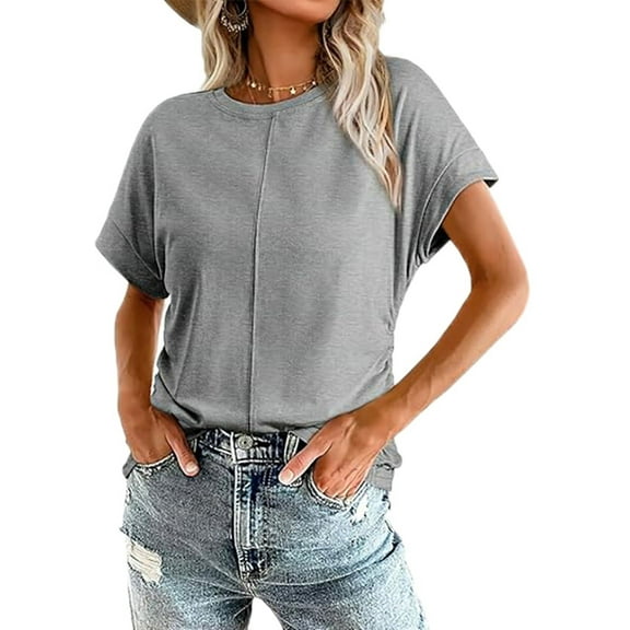 Women Round Neck Cap Sleeve Side Ruched Summer Tops Grey XXL