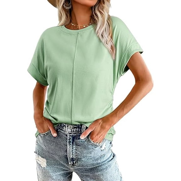 Women Round Neck Cap Sleeve Side Ruched Summer Tops Light Green M