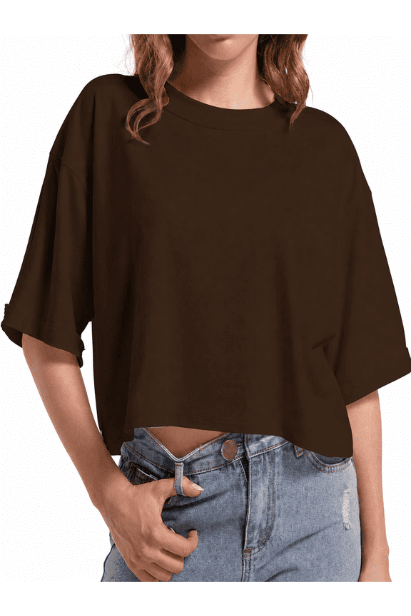 Women Round Neck Cropped T Shirts Soft Short Sleeve Boxy Tee Casual Athletic Gym Yoga Tops