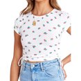 thumbnail image 1 of Women Round Neck Floral Print Top Drawstring Side Slim Shirt Pure Color Shirt For Summer Red and White XL, 1 of 6
