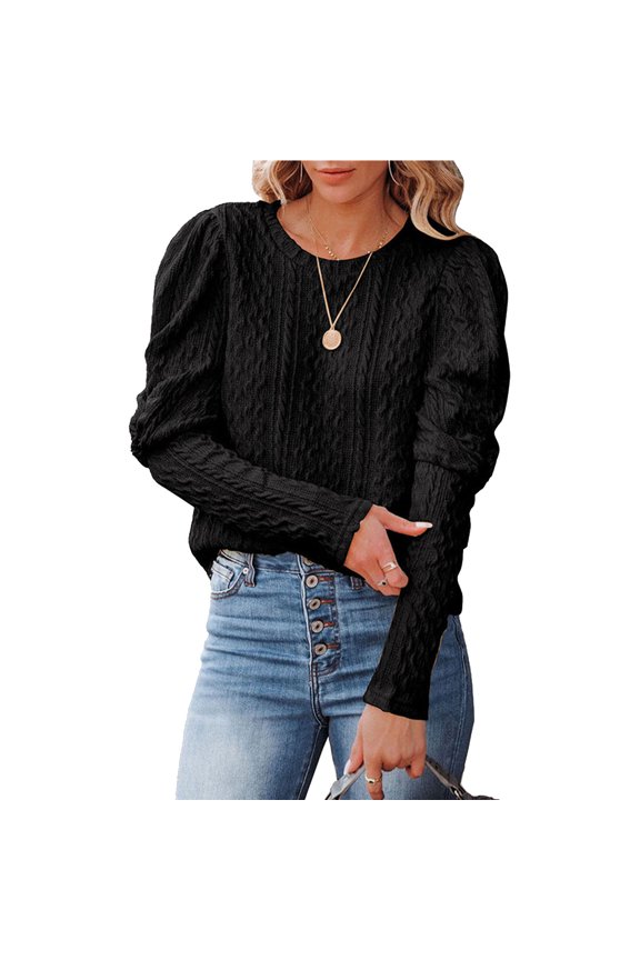 Women Round Neck Knit Sweater Mutton Sleeve Jacquard Women Crewneck Sweater for Autumn Winter Black S