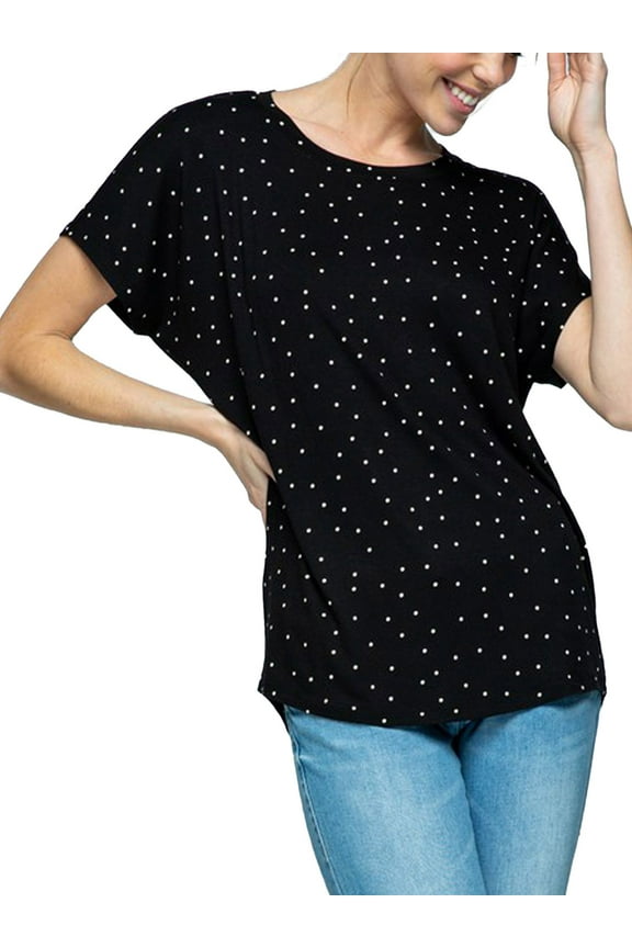 Women Round Neck Light-Weight Dolman Shirt Top Blouse With Shooter Dot