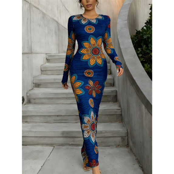 Women Round Neck Long Sleeve Printed Bodycon Maxi Dress