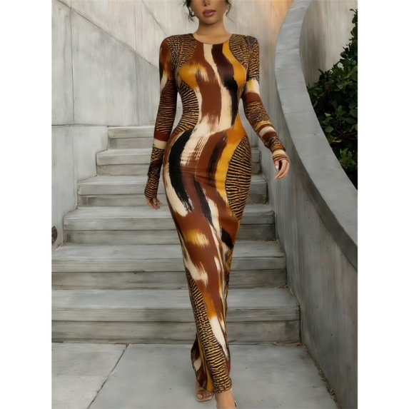 Women Round Neck Long Sleeve Printed Bodycon Maxi Dress