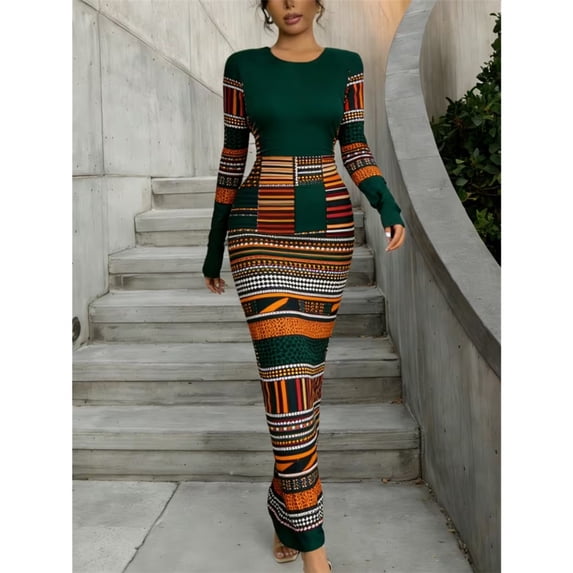 Women Round Neck Long Sleeve Printed Bodycon Maxi Dress