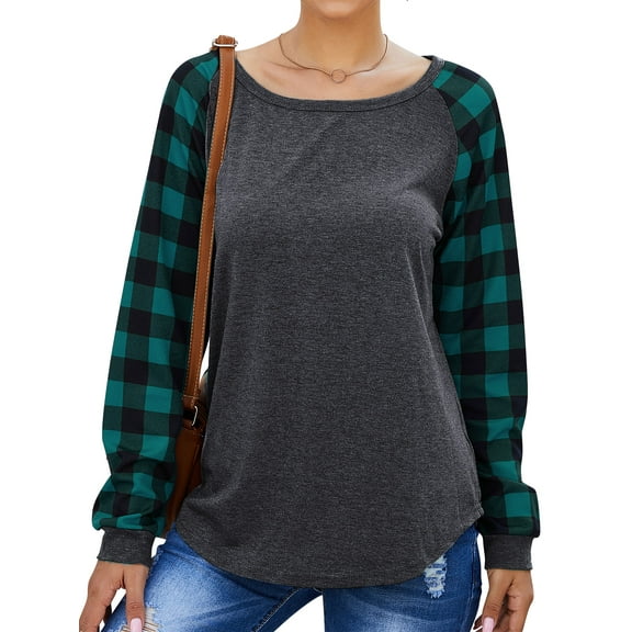 Women Round Neck Long Sleeve Splicing Plaid Top