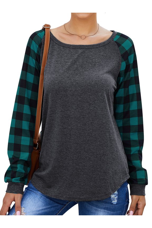 Women Round Neck Long Sleeve Splicing Plaid Top
