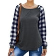 thumbnail image 1 of Women Round Neck Long Sleeve Splicing Plaid Top, 1 of 7
