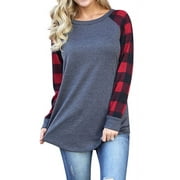 SLADYGLO Women Round Neck Long Sleeve Splicing Plaid Top