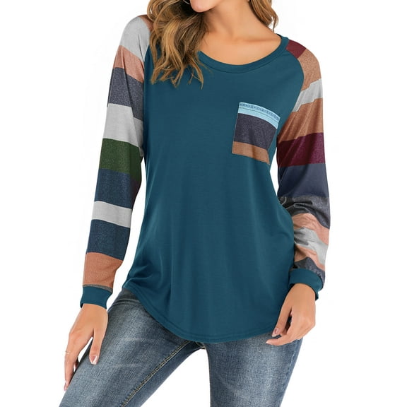 Women Round Neck Long Sleeves Color Block Tunic Shirt