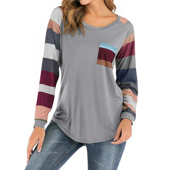 Women Round Neck Long Sleeves Color Block Tunic Shirt