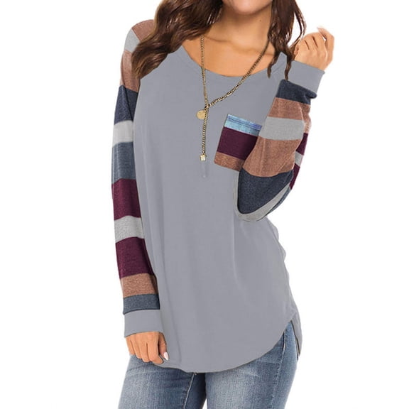 Women Round Neck Long Sleeves Color Block Tunic Shirt