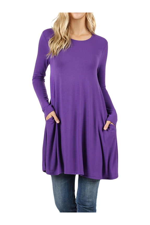 Women Round Neck Long or 3/4 Sleeve Flattering Comfy Swing Tunic Loose Fit Flowy Dress Top