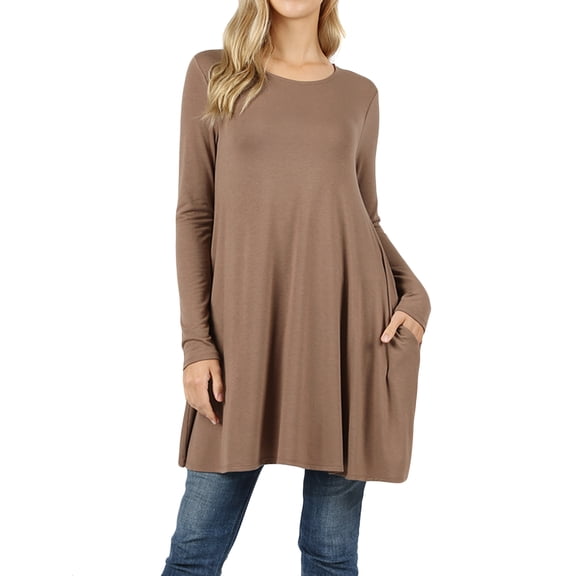Women Round Neck Long or 3/4 Sleeve Flattering Comfy Swing Tunic Loose Fit Flowy Dress Top