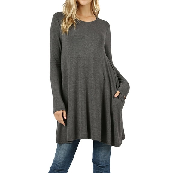 Women Round Neck Long or 3/4 Sleeve Flattering Comfy Swing Tunic Loose Fit Flowy Dress Top