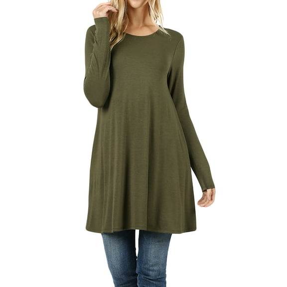 Women Round Neck Long or 3/4 Sleeve Flattering Comfy Swing Tunic Loose Fit Flowy Dress Top