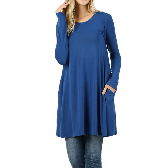 Women Round Neck Long or 3/4 Sleeve Flattering Comfy Swing Tunic Loose Fit Flowy Dress Top