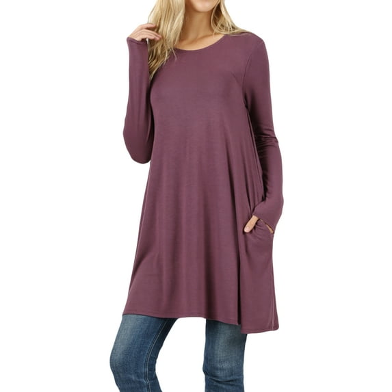 Women Round Neck Long or 3/4 Sleeve Flattering Comfy Swing Tunic Loose Fit Flowy Top