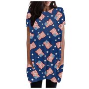 Women Round Neck Pocket Independence Day Printed Short Sleeve Midi Casual Fashion Short Sleeve Top