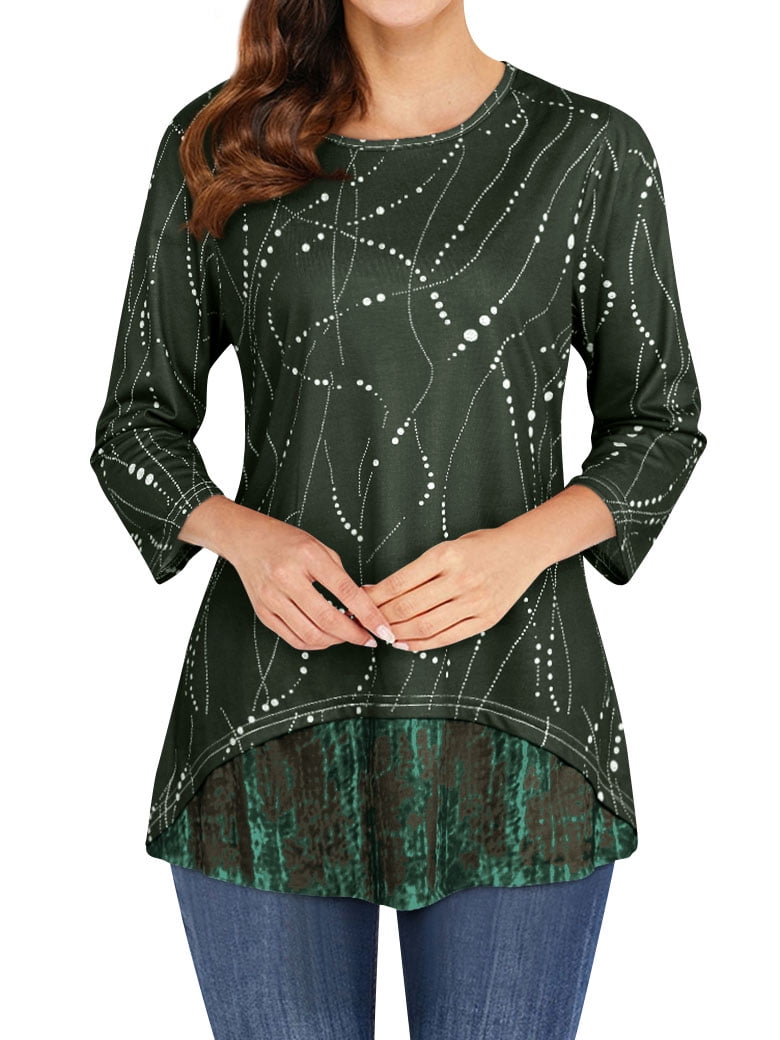 Women Round Neck Printed High-Low Hem 3/4 Sleeve Top - Walmart.com
