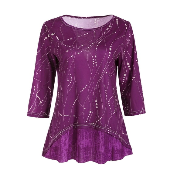 Women Round Neck Printed High-Low Hem 3/4 Sleeve Top
