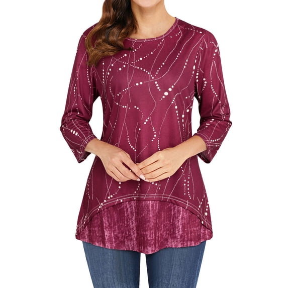 Women Round Neck Printed High-Low Hem 3/4 Sleeve Top