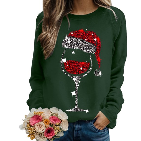 Women Round Neck Pullover Long Sleeve Glitter Glass Sweatshirt Polyester Autumn Winter Fashion