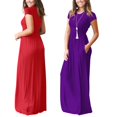 thumbnail image 1 of Women Round Neck Pure Color Long Dress with Pocket Summer Casual Short Sleeve Boho Beach Loose Dress, 1 of 5