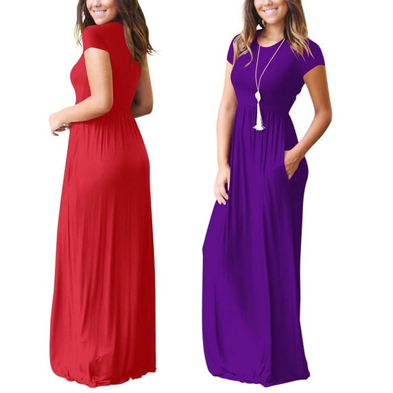 Women Round Neck Pure Color Long Dress with Pocket Summer Casual Short Sleeve Boho Beach Loose Dress