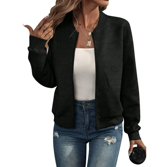Women Round Neck Regular Sleeve Geometric Jacquard Bomber Jacket - Loose Fit, Black, S-5XL, Spring and Autumn