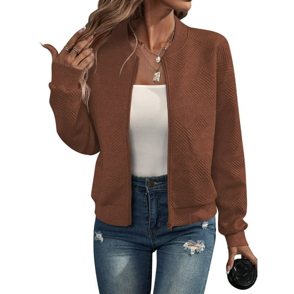 Women Round Neck Regular Sleeve Geometric Jacquard Bomber Jacket - Loose Fit, Caramel, S-5XL, Spring and Autumn