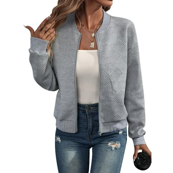 Women Round Neck Regular Sleeve Geometric Jacquard Bomber Jacket - Loose Fit, Gray, S-5XL, Spring and Autumn