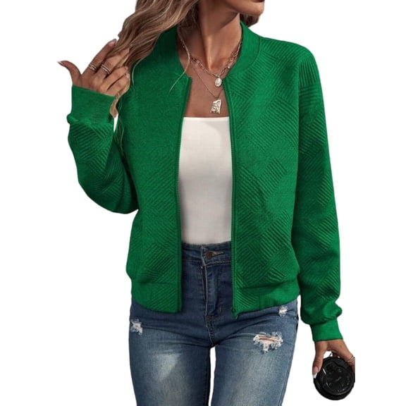 Women Round Neck Regular Sleeve Geometric Jacquard Bomber Jacket - Loose Fit, Green, S-5XL, Spring and Autumn