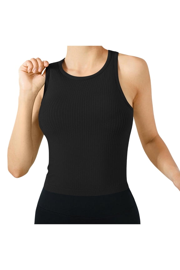 Ribbed Sports Tank Tops for Women with Built in Bra, Racerback Slim Fit Athletic Top Summer Workout Tees