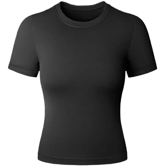 Women Round Neck Short Sleeve Basic Bodycon Crop Top Base Layer Casual Solid Color Stretch Fitted Workout T-Shirt