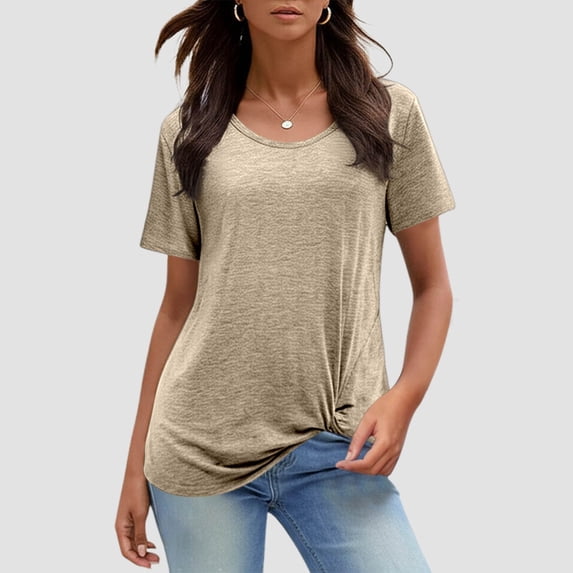 Women Round Neck Short Sleeve Casual Knotted Tee Shirt Blouse Tunic Summer Basic Top Relaxed Fit, M, Khaki