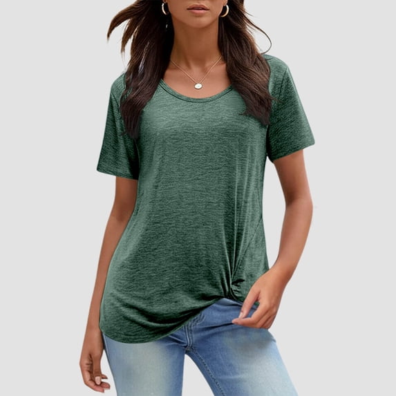 Women Round Neck Short Sleeve Casual Knotted Tee Shirt Blouse Tunic Summer Basic Top Relaxed Fit, S, Green