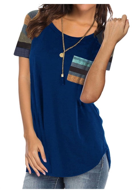QACOHU Women's Color Block T-Shirt - Round Neck Short Sleeve Casual Tunic Top With Leopard Print