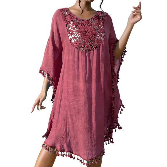 Women Round Neck Short Sleeves Beach Cover Up Summer Hollow Out Dress Solid Beach Cover Up Bikini Swimwear Coverup Wraps for Women