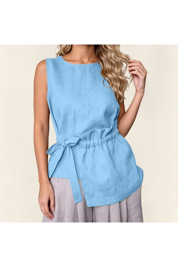 Women Round Neck Sleeveless Blouse Tops Solid Color Casual Asymmetrical Hem Shirt
