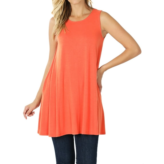 Women Round Neck Sleeveless Flowy Tunic Top with Side Pockets (Ash Copper, L)