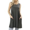 thumbnail image 1 of Women Round Neck Sleeveless Flowy Tunic Top with Side Pockets (Charcoal, 1X), 1 of 4